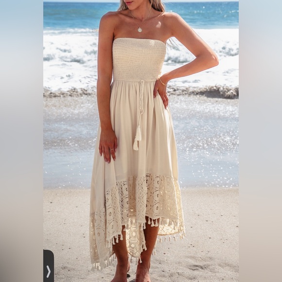 Cupshe Dresses & Skirts - Cupshe Cream Strapless Boho Lace-Hem Midi Dress